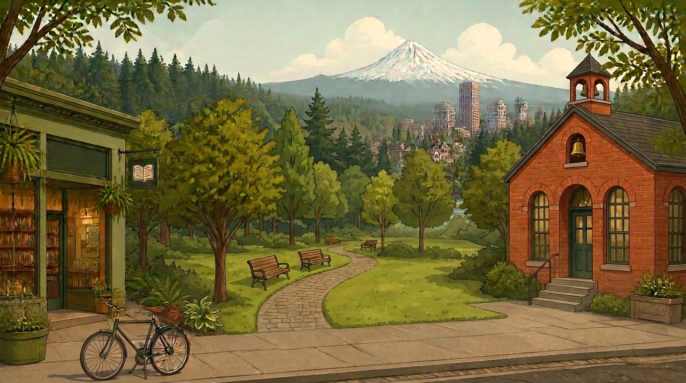 An illustrated Portland morning: a brick schoolhouse, a neighborhood bookshop, and Mount Hood beyond the park